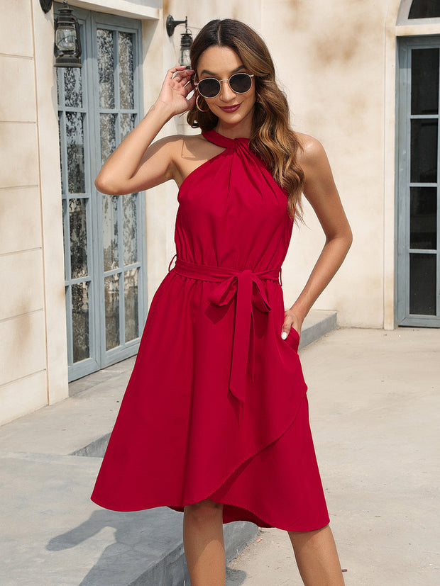 Tied Round Neck Sleeveless Dress Trendsi