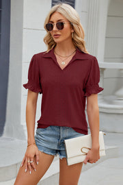 Eyelet Johnny Collar Short Sleeve Blouse Trendsi