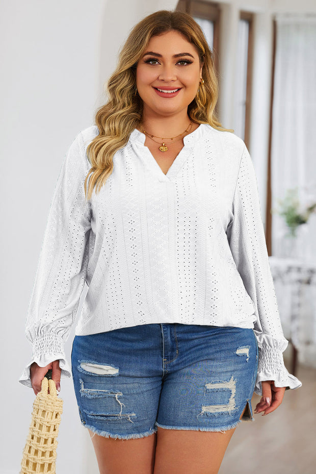 Plus Size Eyelet Notched Flounce Sleeve Blouse Trendsi