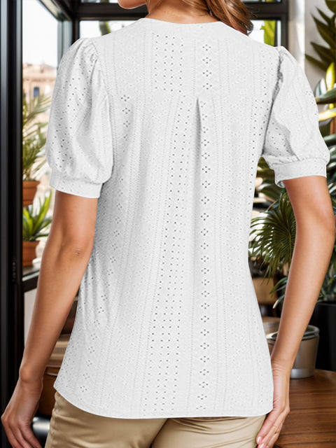 Eyelet Notched Short Sleeve Blouse Trendsi