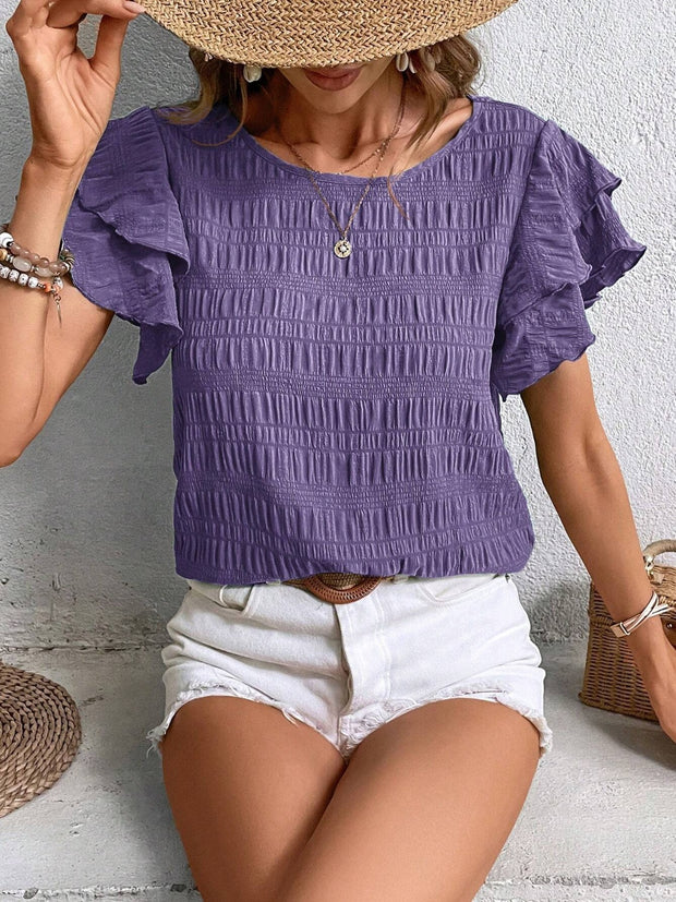 Round Neck Flounce Sleeve Blouse Trendsi