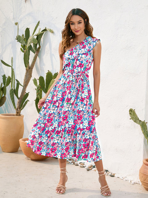 Ruffled Printed One Shoulder Midi Dress Trendsi