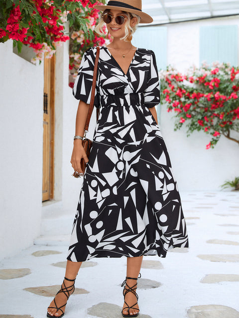 Printed Surplice Balloon Sleeve Dress Trendsi