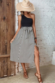 Striped One-Shoulder Slit Dress Trendsi