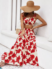 Floral Tie Shoulder Top and Tiered Maxi Skirt Set Trendsi