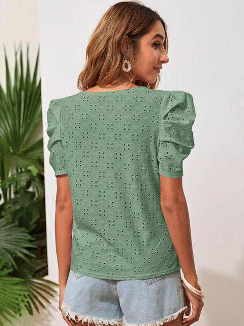 Eyelet Round Neck Puff Sleeve Blouse Trendsi