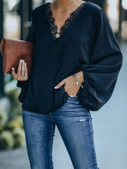 Lace Detail V-Neck Long Sleeve Blouse Trendsi