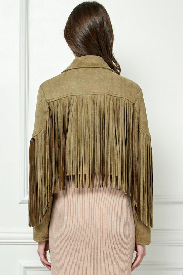 Veveret Suede Fringe Long Sleeve Moto Jacket Trendsi