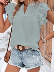 Ruffled Notched Cap Sleeve Blouse Trendsi