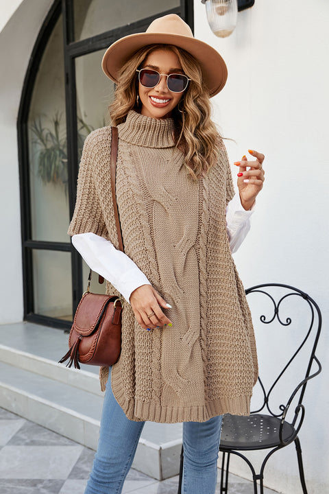 Cable-Knit Turtleneck Slit Sweater Trendsi