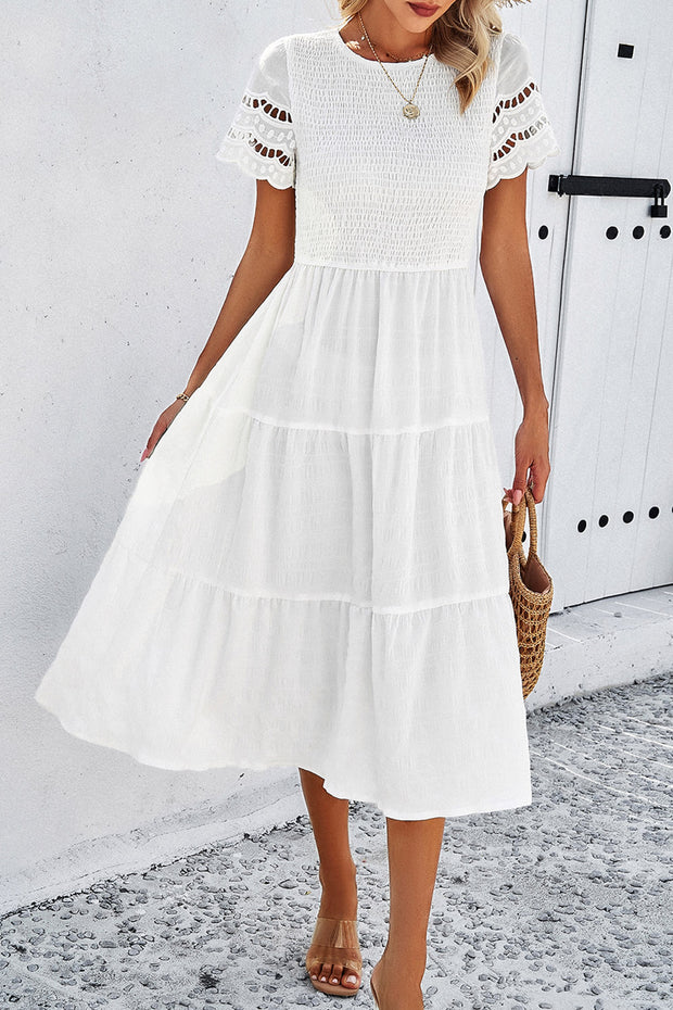 Smocked Round Neck Short Sleeve Midi Dress