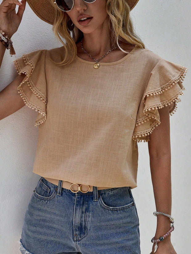 Ruffled Cap Sleeve Round Neck Blouse Trendsi