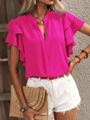 Ruffled Notched Short Sleeve Blouse Trendsi