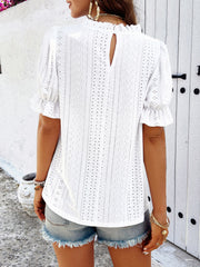 Eyelet Mock Neck Flounce Sleeve Blouse Trendsi