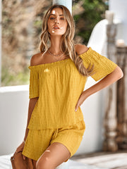 Full Size Off-Shoulder Short Sleeve Top and Tied Shorts Set Trendsi