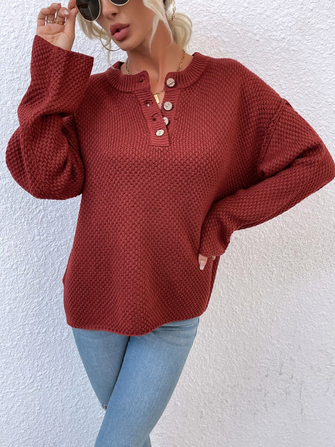 Quarter-Button Slit Sweater Trendsi