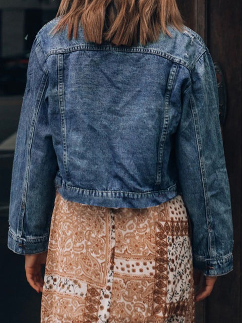 Button Up  Collared Neck Distressed Denim Jacket Trendsi