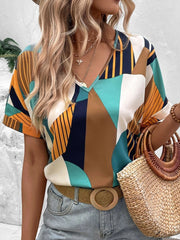 Printed V-Neck Short Sleeve Blouse Trendsi