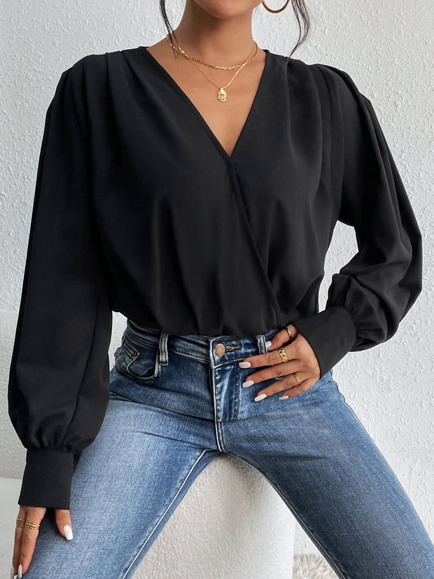 Surplice Ruched Long Sleeve Bodysuit Trendsi