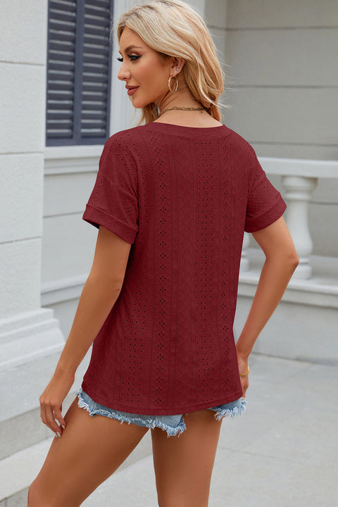 Eyelet V-Neck Short Sleeve T-Shirt Trendsi