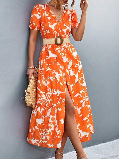 V-Neck Short Sleeve High Slit Midi Dress Trendsi