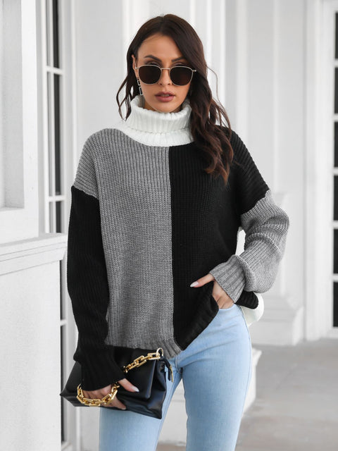 Contrast Turtleneck Long Sleeve Sweater Trendsi