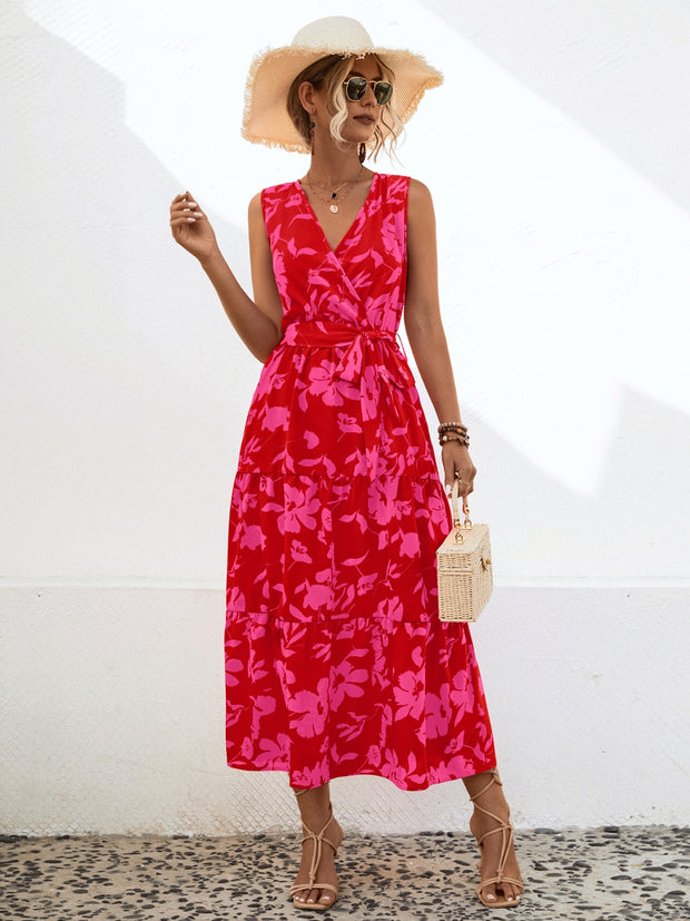 Tied Printed Surplice Tiered Dress Trendsi