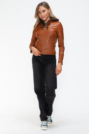 Snobbish Faux Leather Zip Up Drawstring Hooded Jacket Trendsi