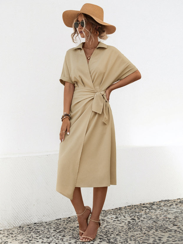 Tied Slit Short Sleeve Dress Trendsi