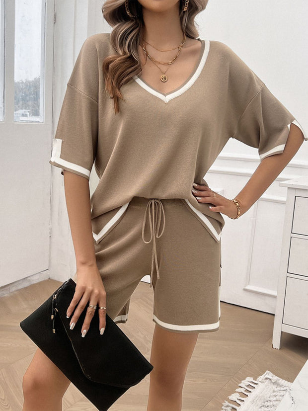 Contrast Trim V-Neck Top and Shorts Set Trendsi