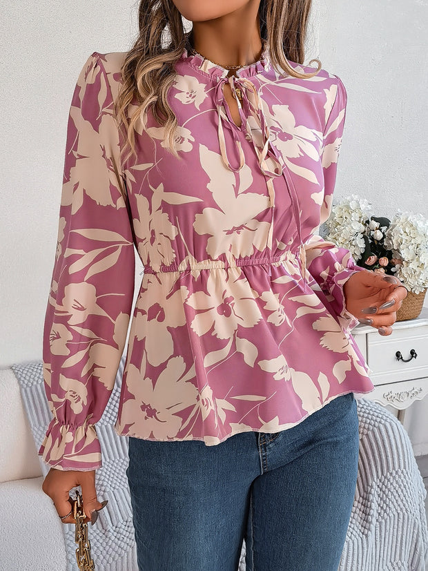 Printed Tie Neck Flounce Sleeve Blouse Trendsi