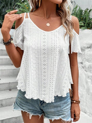 Eyelet Cold Shoulder Short Sleeve Blouse Trendsi