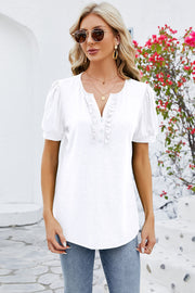 Frill Notched Short Sleeve Blouse Trendsi