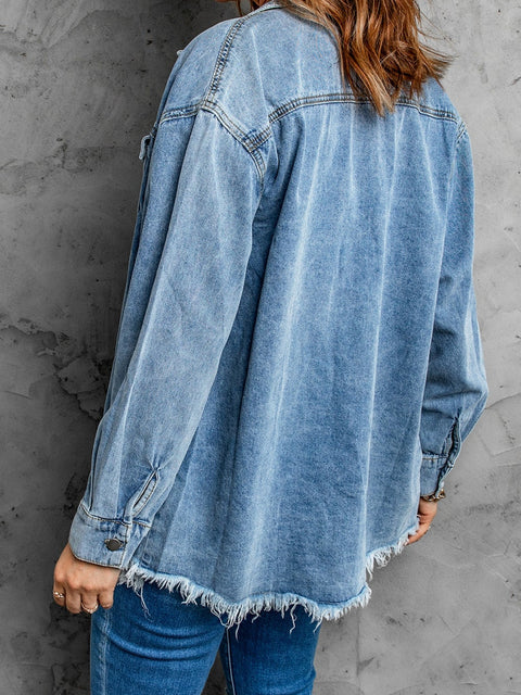 Frayed Hem Collared Denim Jacket