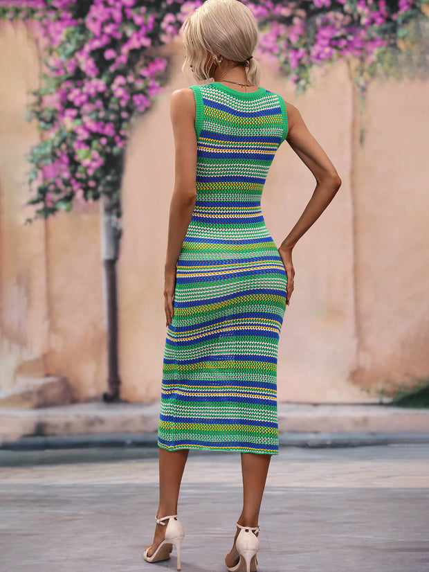 Striped Round Neck Sleeveless Midi Cover Up Dress Trendsi