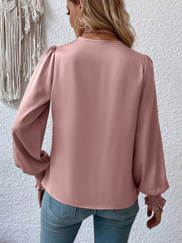 Surplice Smocked Lantern Sleeve Blouse Trendsi