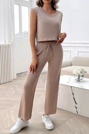 Ribbed Round Neck Top and Pants Set Trendsi