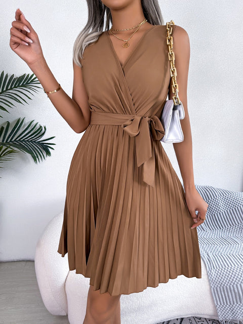 Tied Surplice Sleeveless Pleated Dress Trendsi