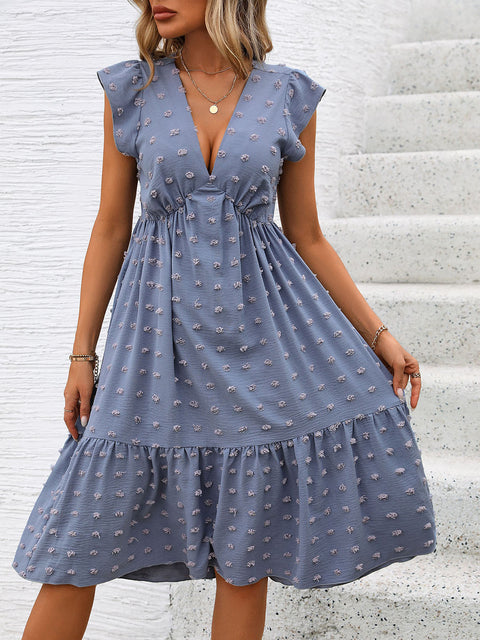 Swiss Dot V-Neck Cap Sleeve Dress Trendsi