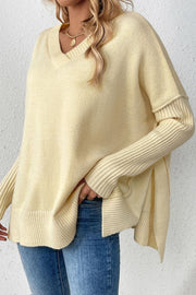 Slit V-Neck Dropped Shoulder Sweater Trendsi