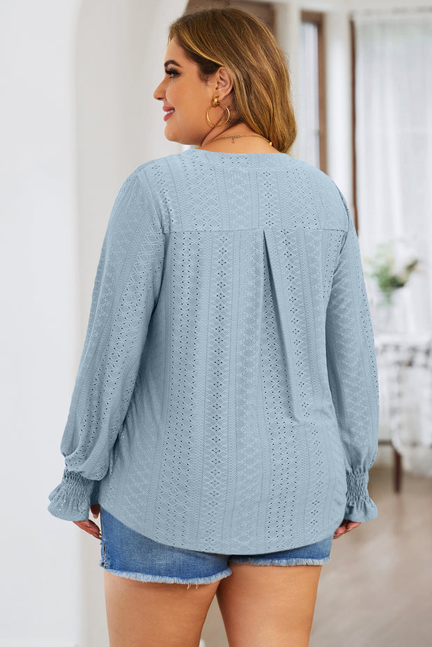 Plus Size Eyelet Notched Flounce Sleeve Blouse Trendsi