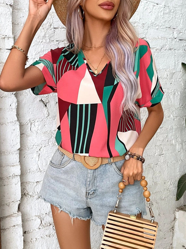 Printed V-Neck Short Sleeve Blouse Trendsi