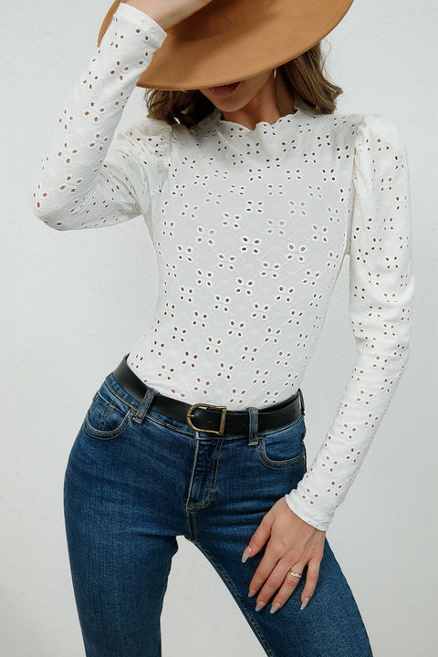 Round Neck Eyelet Long Sleeve Blouse Trendsi