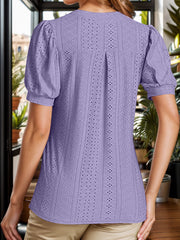 Eyelet Notched Short Sleeve Blouse Trendsi