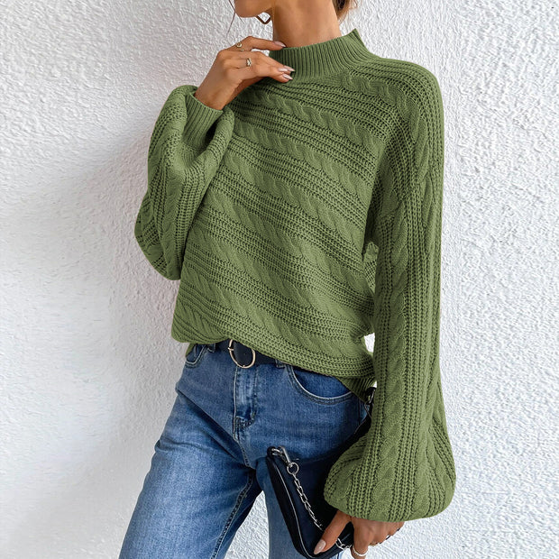 Cable-Knit Mock Neck  Long Sleeve Sweater Trendsi