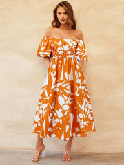 Printed Off-Shoulder Balloon Sleeve Dress Trendsi