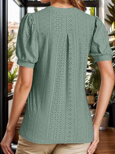 Eyelet Notched Short Sleeve Blouse Trendsi