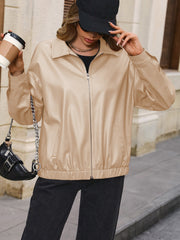 Pocketed Zip Up Collared Neck Jacket Trendsi