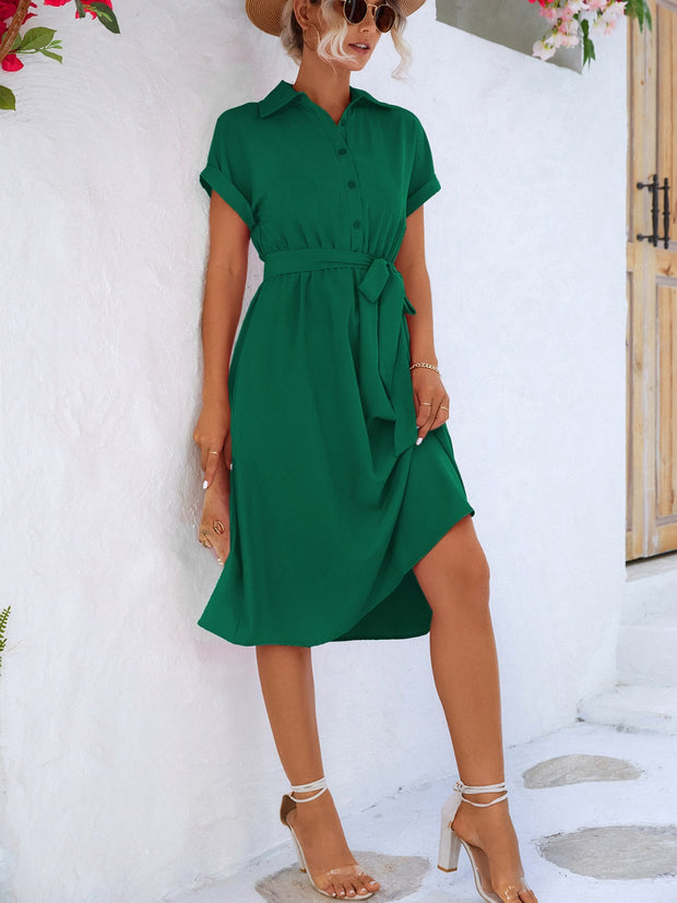 Buttoned Tie Waist Short Sleeve Dress Trendsi