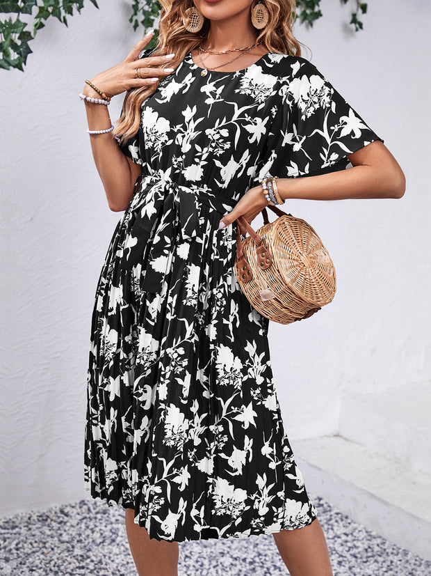 Printed Round Neck Short Sleeve Dress Trendsi